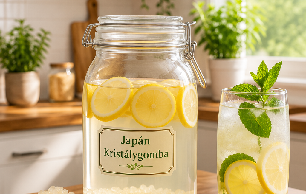 Tibetische Kefirkörner im Glas mit Wasser, Zitrone und Minze, daneben ein fertiges Getränk im Glas