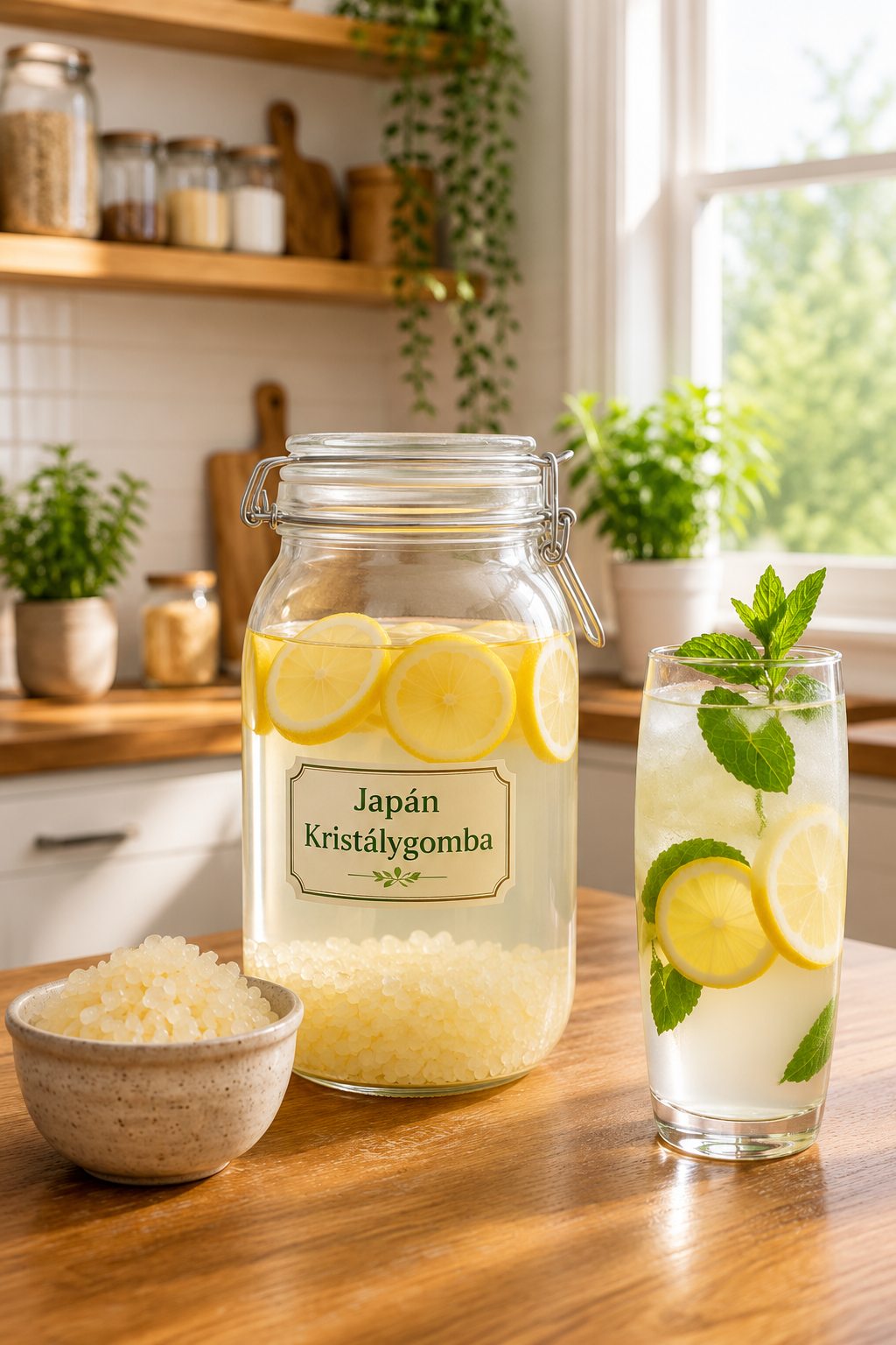 Tibetische Kefirkörner im Glas mit Wasser, Zitrone und Minze, daneben ein fertiges Getränk im Glas