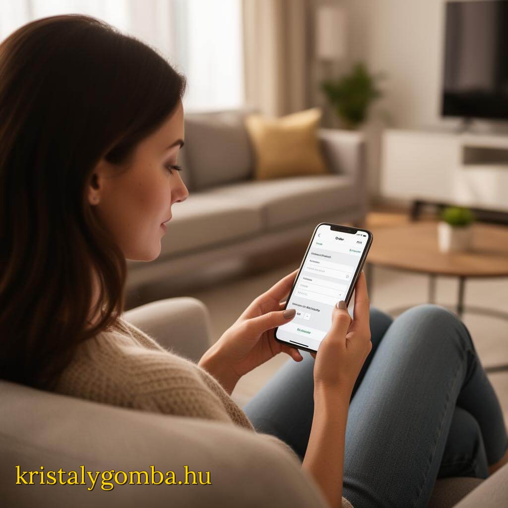 Kristallpilz online bestellen – junge Frau bestellt per Telefon in ihrem Wohnzimmer