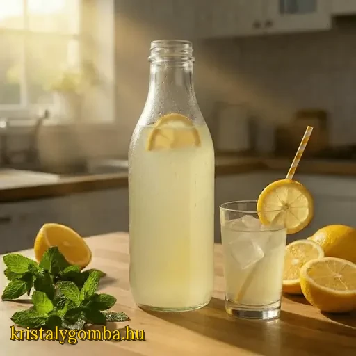 Frisch zubereitetes Kristallpilz-Getränk in Flasche und Glas mit Zitrone und Minze